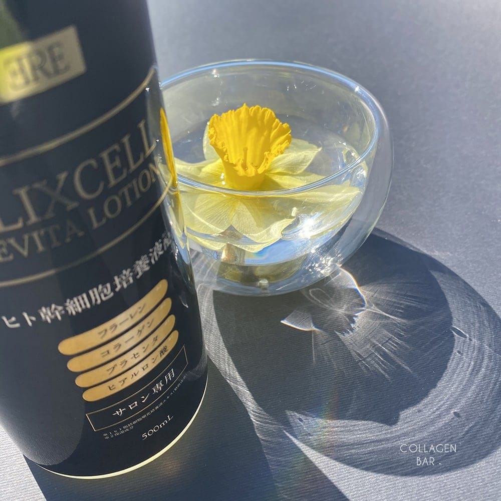 Фрагмент флакона Elixcell Revita Lotion в положении стоя и прозрачная вазочка с водой и цветком нарцисса на черном фоне в лучах яркого солнца